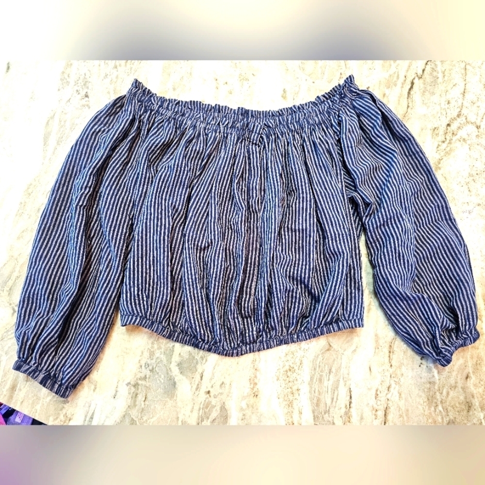 Rag & Bone Striped Off-Shoulder Peasant Top XXS Navy White Long Sleeve Blouse